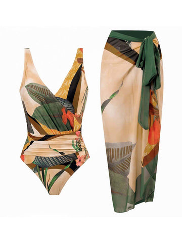 Tropical Print One Piece Swimsuit With Beach Skirt