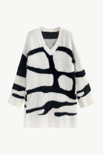 Contrast V-Neck Fuzzy Sweater Dress